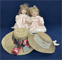 Dolls and straw hats, including 1990 porcelain