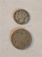 US 1944 Mercury Dime & 1936 Buffalo Nickel