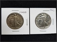 2 Walking Liberty Halves 1943 & 1943 D Silver