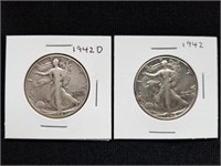 2 Walking Liberty Halves 1942 & 1942 D Silver