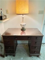 Old desk 42x21x31" tall, table lamp