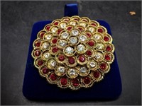 2.25" Gold Tone Red/Clear Crystal Brooch