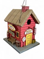 Barber Shoppe wooden birdhouse on wire hanger