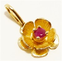 Petite 14K Y Gold & Ruby Flower Pendant .6g