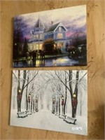 2 light up pictures on wall barn & candles