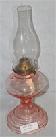 ANTIQUE OIL LAMP W/PINK GLASS BASE