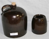 BROWN GLAZE STONEWARE WHISKEY JUG & CANISTER