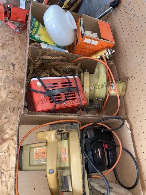 3 boxes plumbing, material ropes battery charger