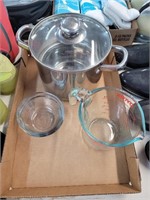 Pyrex measuring cup, glass bowls, small stock pot