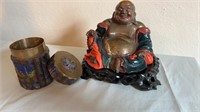 Buddha figurine, and Chinese enameled brass