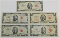 (5) 1953 $2 Red Seal Legal Tender U.S. Notes