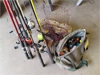 Seven fishing rods & reels & 2 creels/bags with