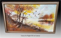 GEESE IN FLIGHT  . OIL ON CANVAS