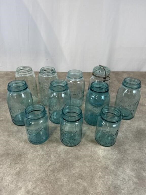 Ball and Atlas blue mason jars, most are quart