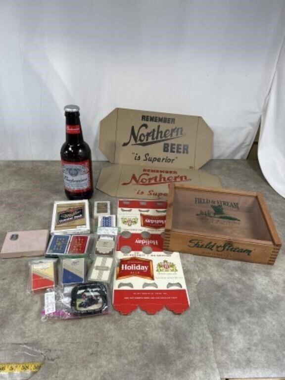 Vintage playing cards, Budweiser glass bottle,