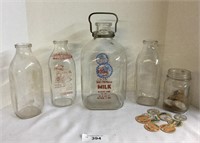 5 pcs. Vintage Milk Bottles & Bottle Cap / Seals