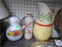 2 Pottery Pitchers & 1 Delft Bottle