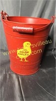 Red metal egg/feed bucket farm bureau