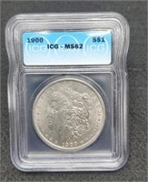 1900 slab Morgan Silver Dollar, ICG MS62