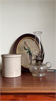 Vintage Needle Point, Oil Lamp & Small Crock