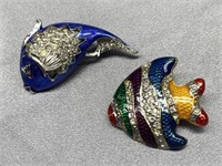 2 enamel & rhinestone fish brooches