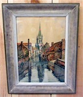 Framed Watercolour Titled "Louvain" in Belgium