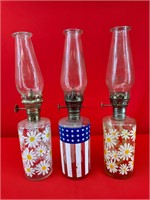 3 Vintage Mini Oil Lamps American Flag & Daisies