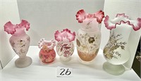 Lot of 5 Glass Blown Hand Painted Vases Ruffled