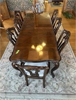 Mahogany Table, 2 Leaves, 8 Chairs Glass Top