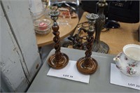 pair of antique oak barley twist candlesticks