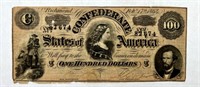 1864 $100 C.S.A. Paper Note Civil War Currency