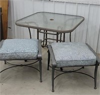 Glass top table and 2 stools