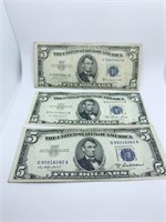 (2) $5.00 SILVER CERTIFICATES 1953A D95016262A,