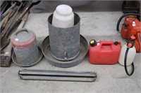 GAS CAN, SPRAYER, AND GALVANIZED FEEDERS