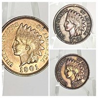 3 AU/MS 1901 U.S. Indian Head Cents