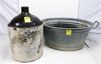 3 Gallon Western Stoneware Jug & Galvanized Wash
