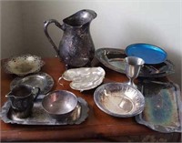 Silver plate pitcher, cream, sugar, trays,goblet