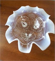 Opalescent over clear glass ruffle edged bowl