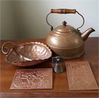 Copper tea kettle & serving dish, bell