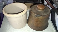 Stoneware crock, brass cannister