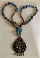 Vint. Silver & Multi Colored Stone Chunk Necklace