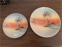 2 Meito china hand painted plates, landscape scene