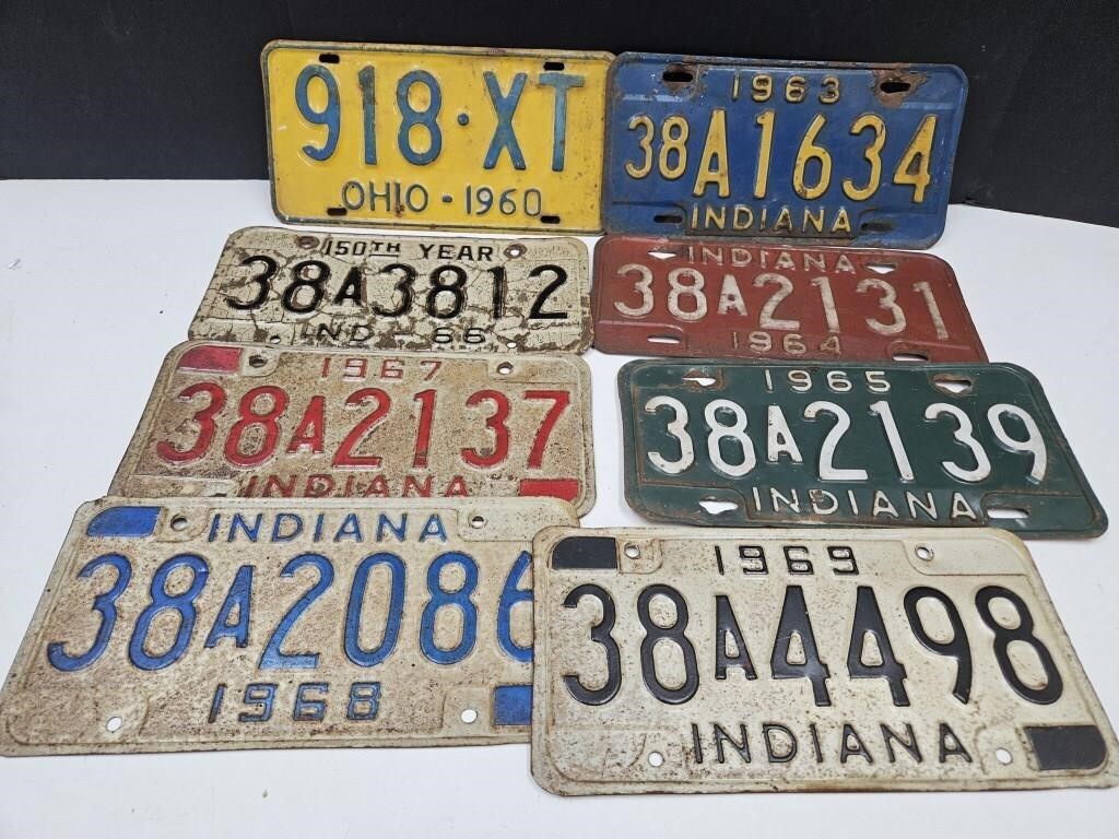 8 Vintage 1960's Indiana & Ohio License Plates