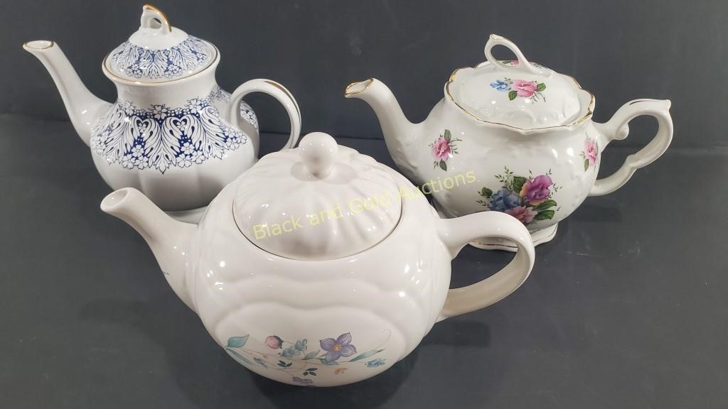 (3) Teapots: Pfaltzgraff, Crown Dorset, & More