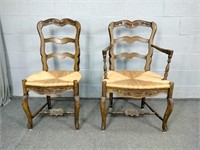 Lot Of 2 Carved Wood Rushed Bottom Chairs