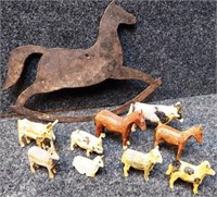 Metal Toy Store Sign & Carved Farm Animals