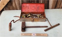 Metal Tool Box, Contents, Hooks, & Wedge w/ Handle