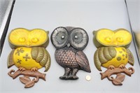 3-1970s Sexton Metal & Chalkware Owl Wall Art