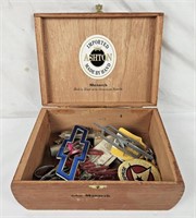 Cigar Box W/ Trinkets, Patches, Emblems & More