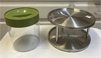 8" Pyrex canister, 10.5" stainless Lazy Susan